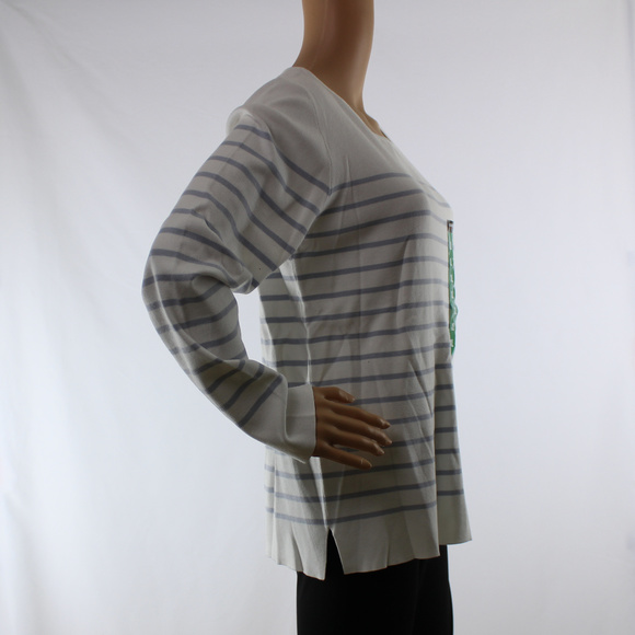 Kirkland | Ladies Gray & Cream Crewneck Long Sleeve Sweater Striped Top - Picture 3 of 6